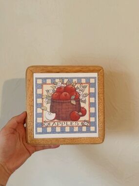Decorative Wooden Tile Wall Art - Red Apples Illustration